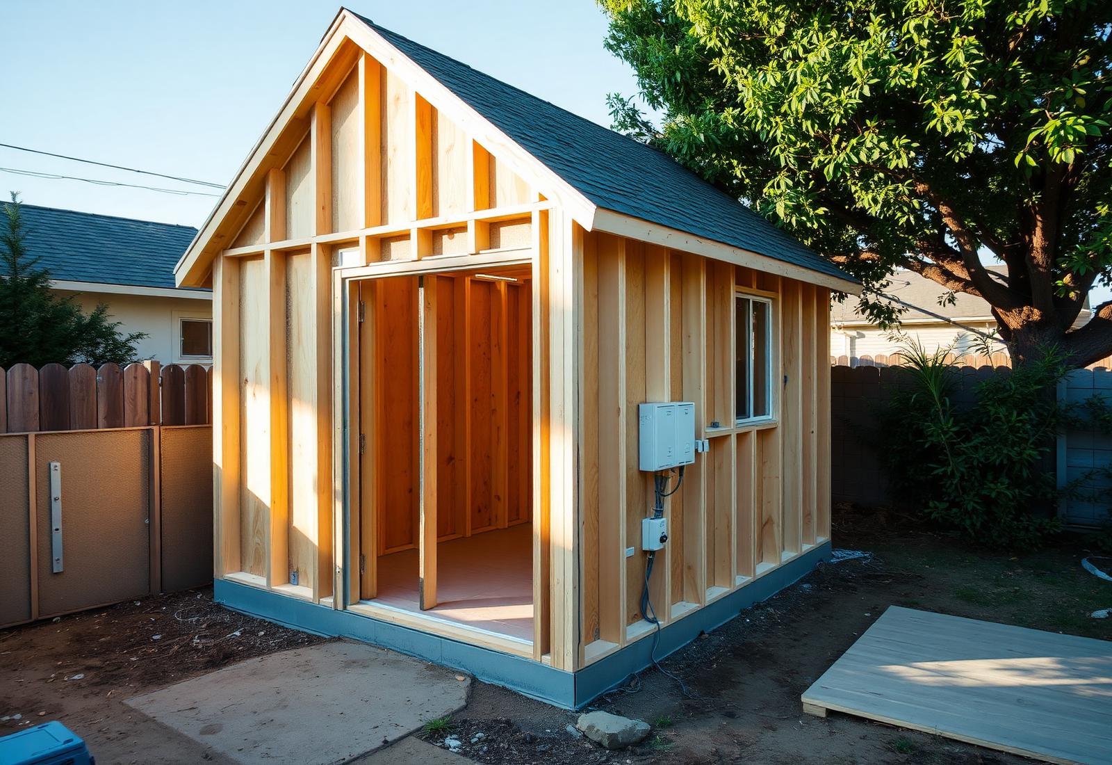 Backyard accessory dwelling unit under construction with electrical rough-in