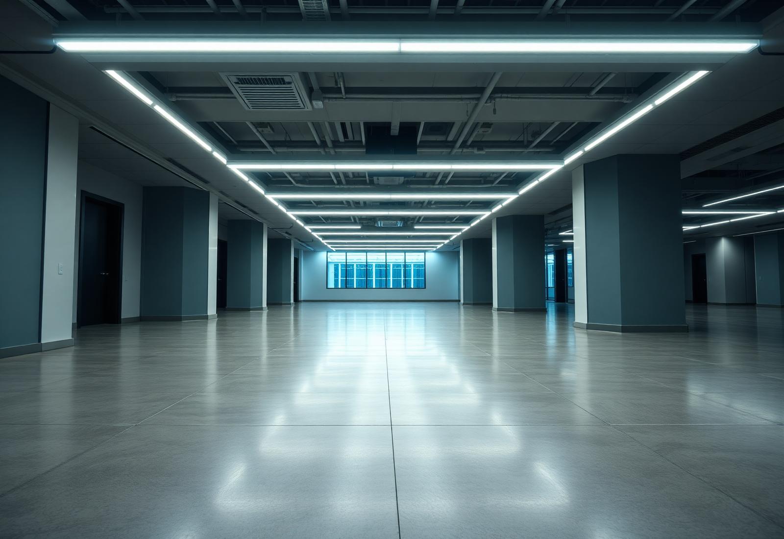 Modern commercial interior lit by newly installed linear LED ceiling fixtures