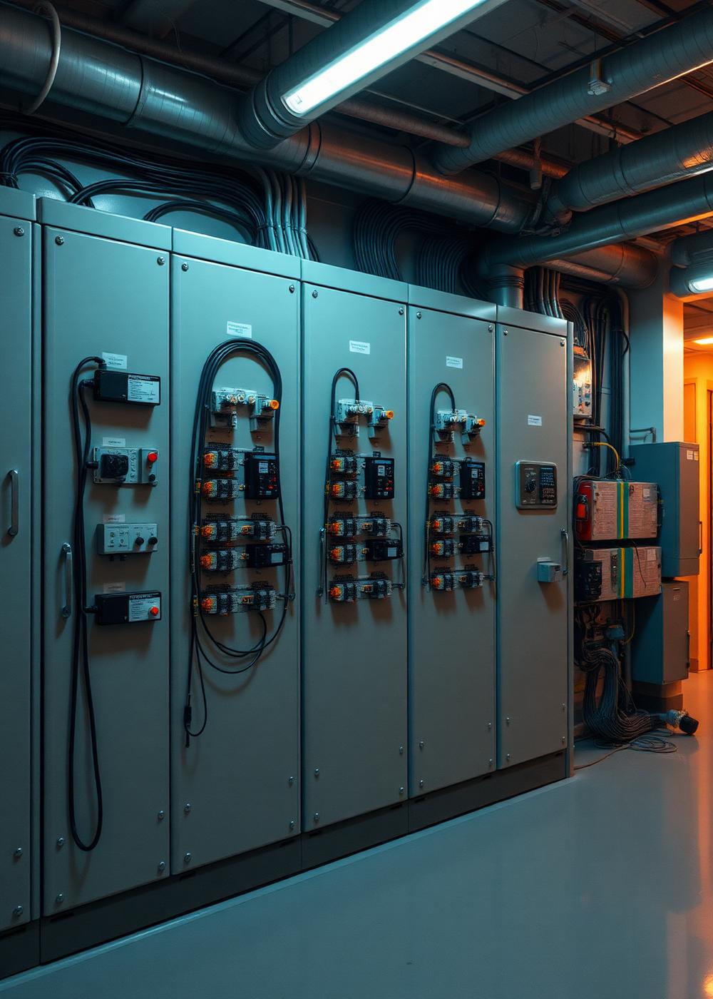Row of industrial electrical panels inside a commercial equipment room