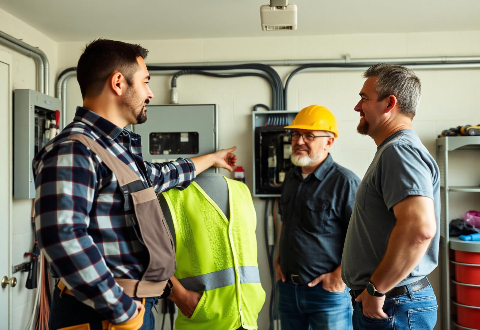 Electrician explaining an electrical panel to a property owner during a consultation