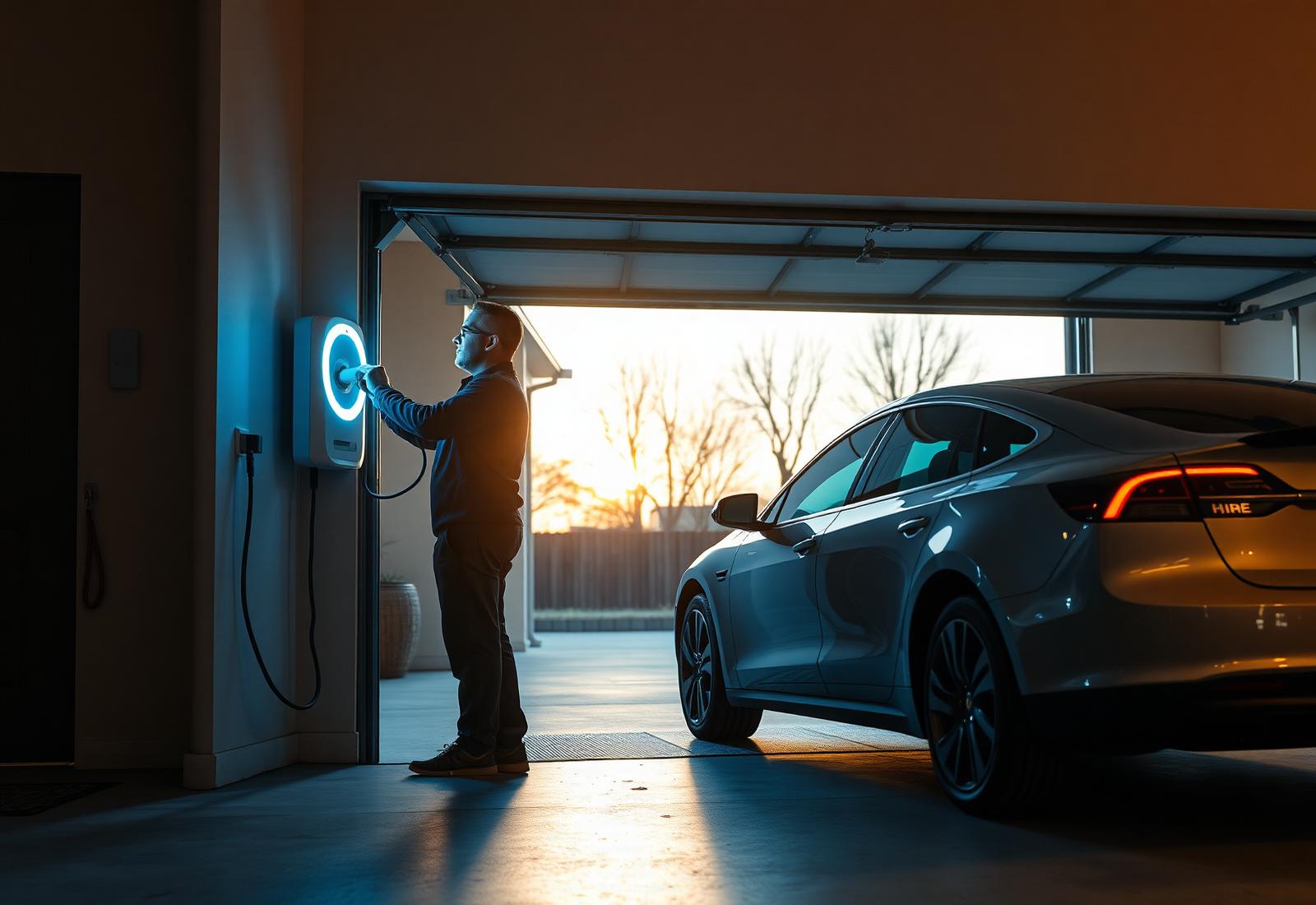 Electrician installing a Level 2 wall-mounted EV charger in a home garage beside an electric car at dusk