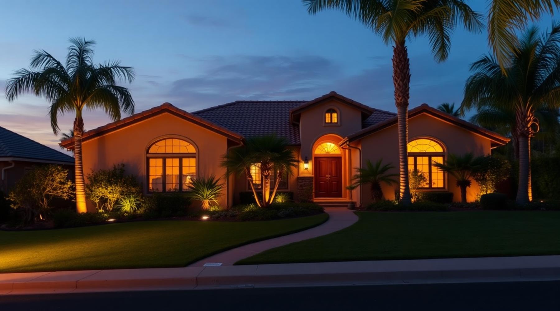 California home at dusk with warm exterior architectural lighting