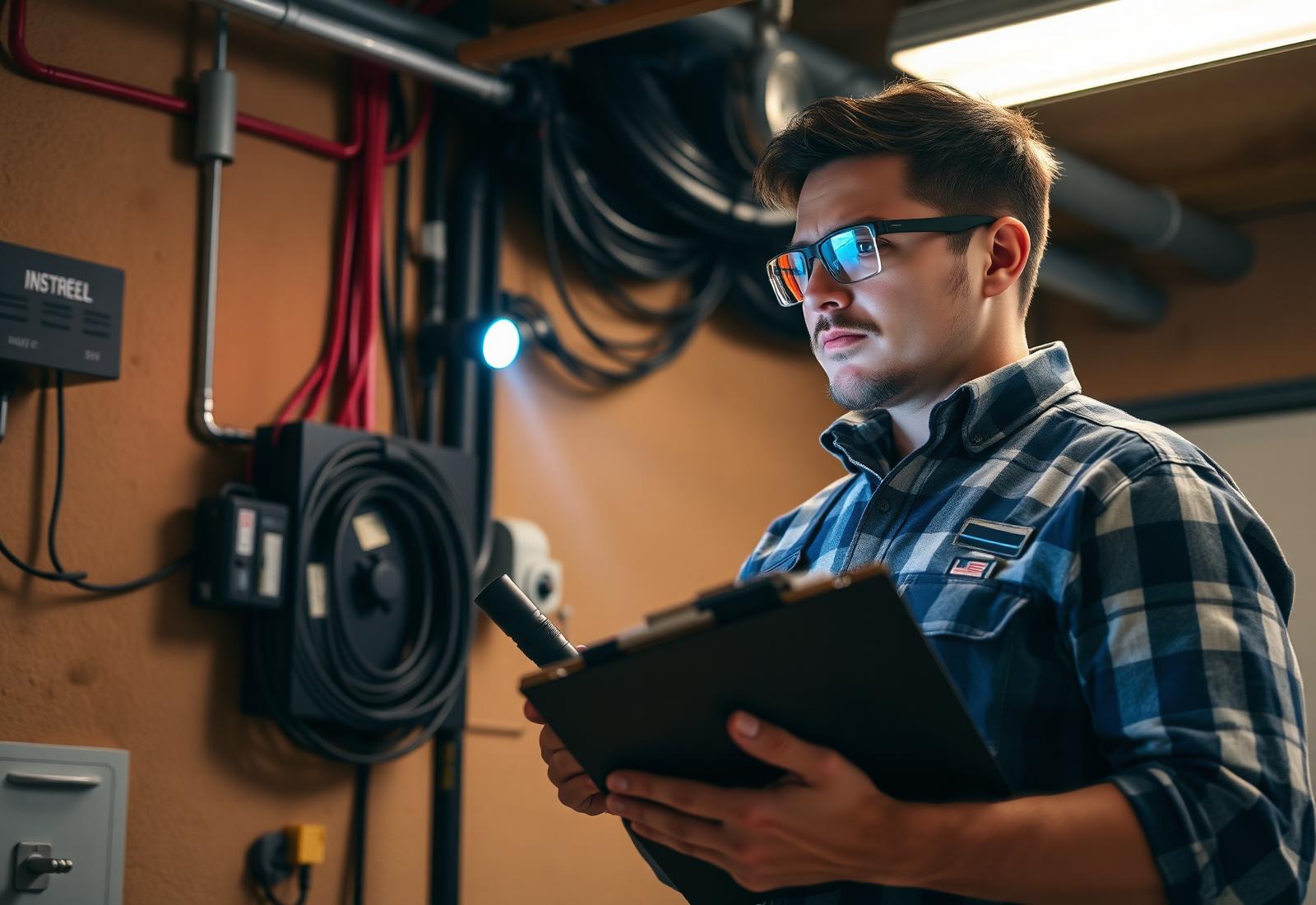 Electrician inspecting wiring connections with a flashlight and notepad