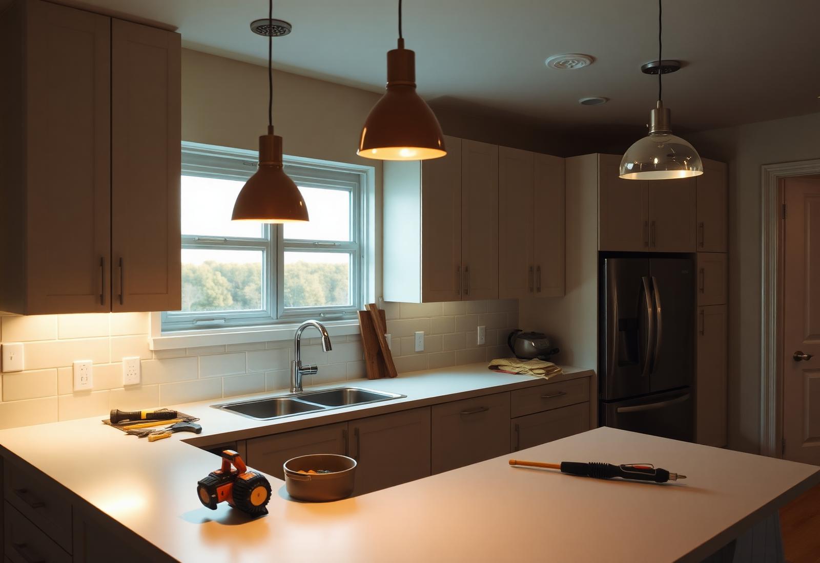 Kitchen remodel in progress with new outlets and under-cabinet lighting wiring