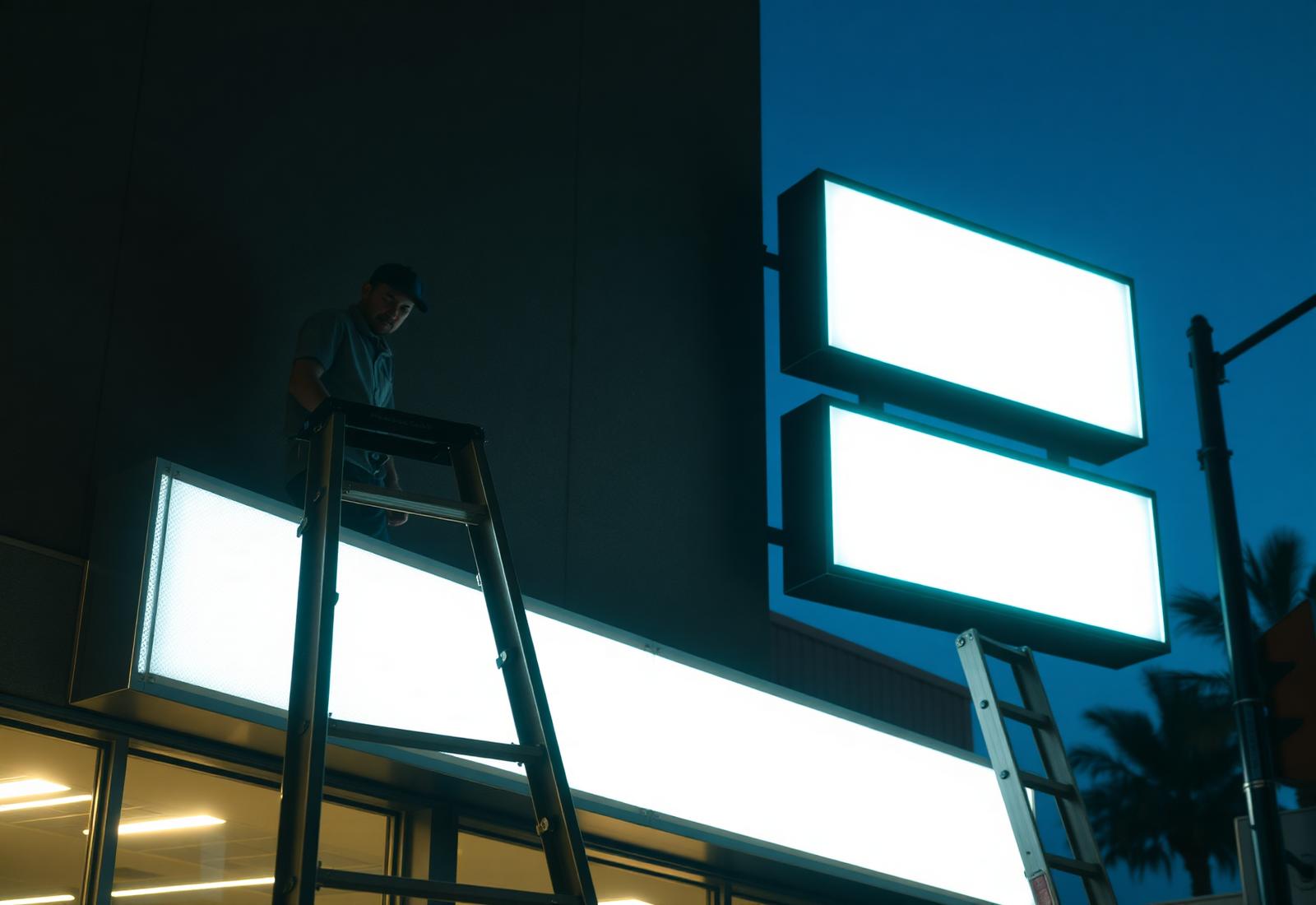 Technician on a ladder servicing an illuminated commercial storefront sign at dusk