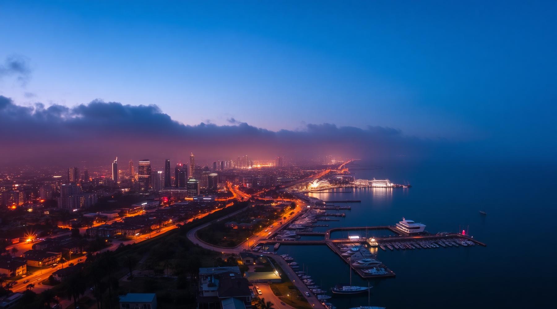 Aerial dusk view of a Southern California coastal city and harbor
