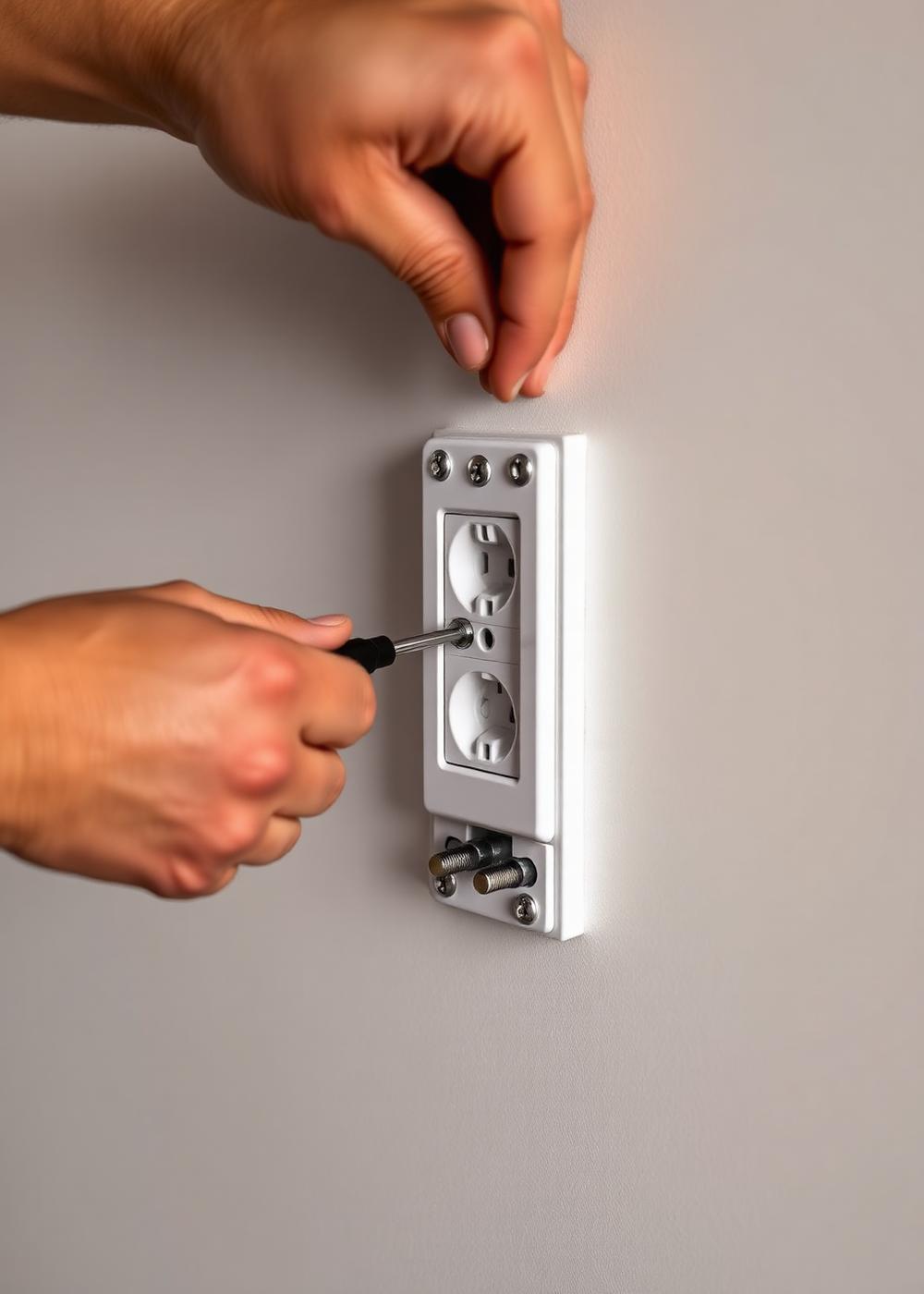 Hands installing a new electrical outlet into a wall box