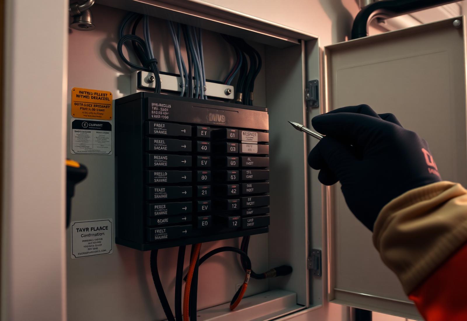 Electrician working inside an open residential electrical panel with organized breakers and wiring