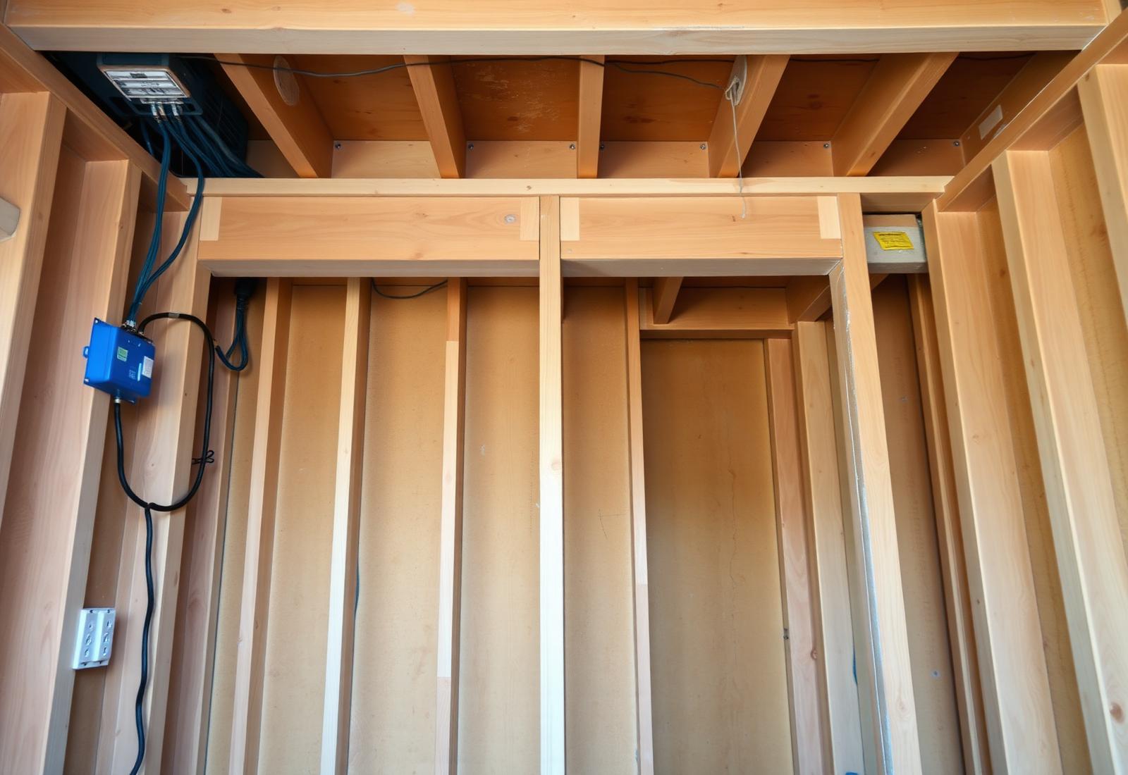 Open wall framing during a remodel with new electrical rough-in wiring