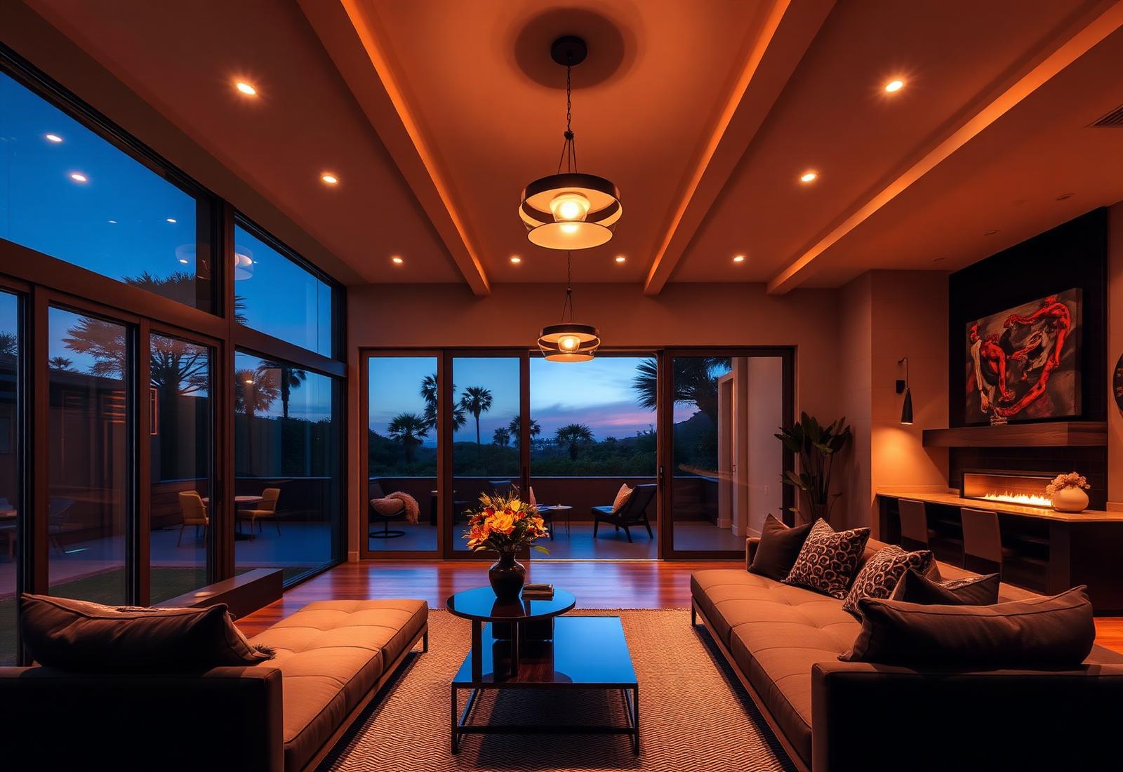 Modern living room with recessed lighting installed in the ceiling