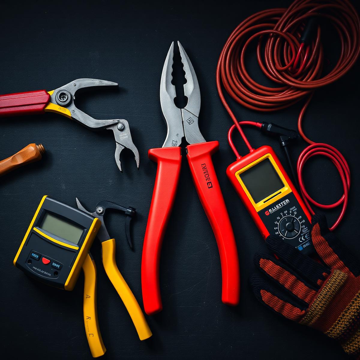 Electrician hand tools laid out on a dark work surface
