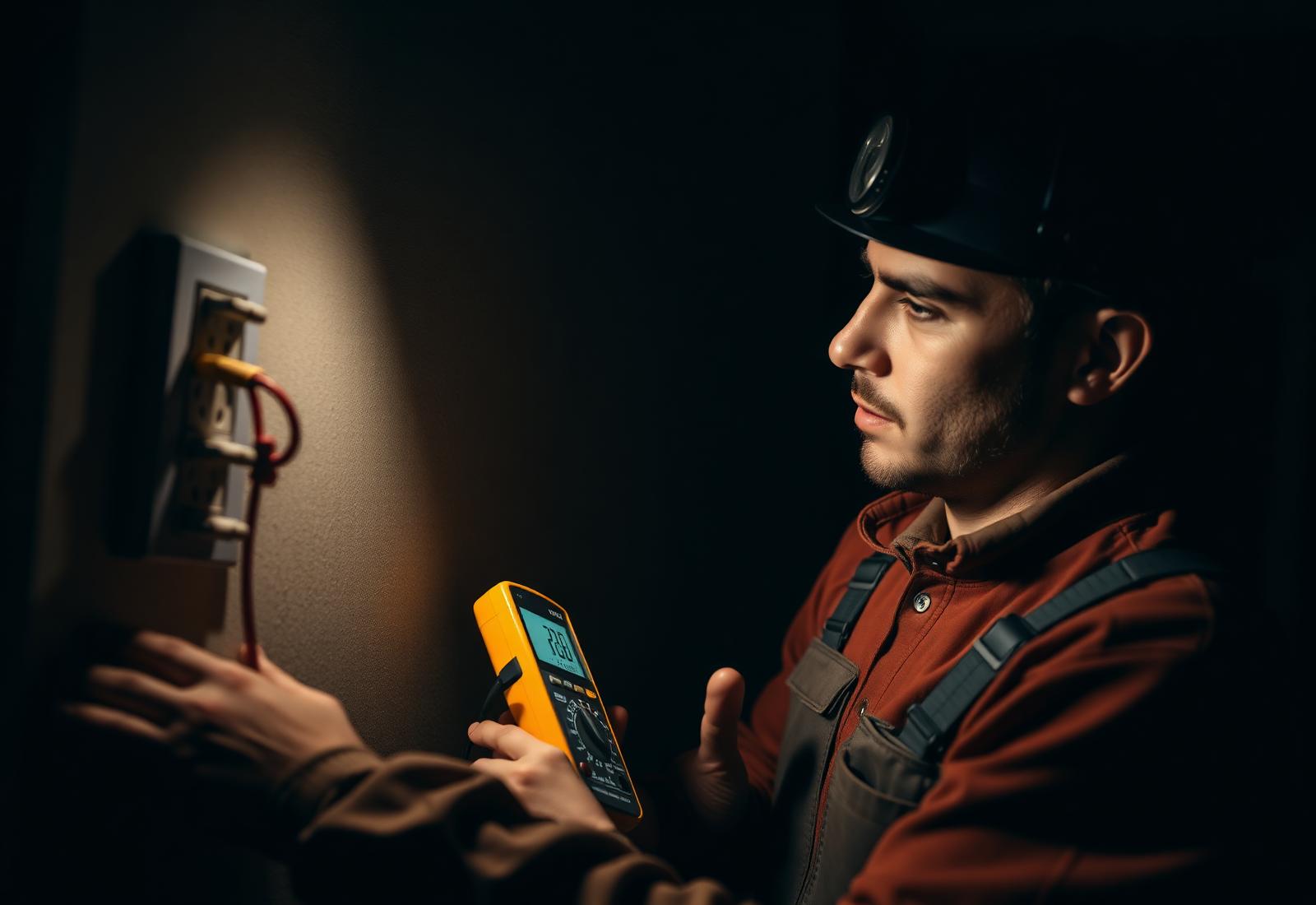 Electrician testing a circuit with a multimeter during diagnostics